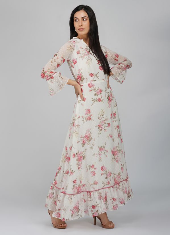 Buy White Gerogette Dobby Indian Dress