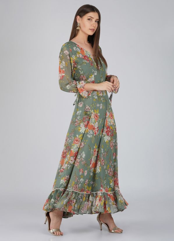 Buy Green Georgette Bias Cut Floral Print Dress
