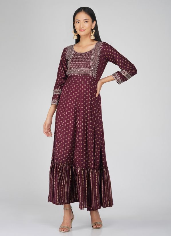 Wine Rayon Bias Cut Printed Embroidered Frill Dress