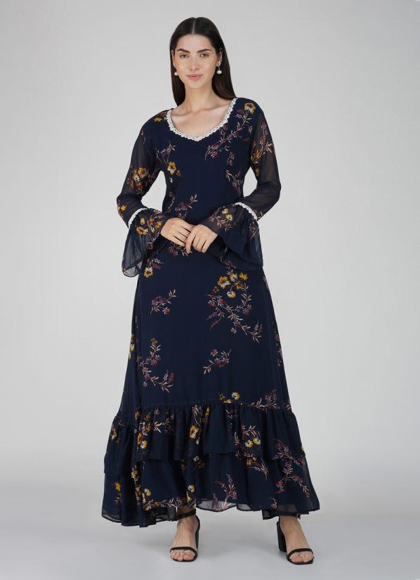 Buy Navy Blue Georgette Floral Printed A-Line Frill Dress