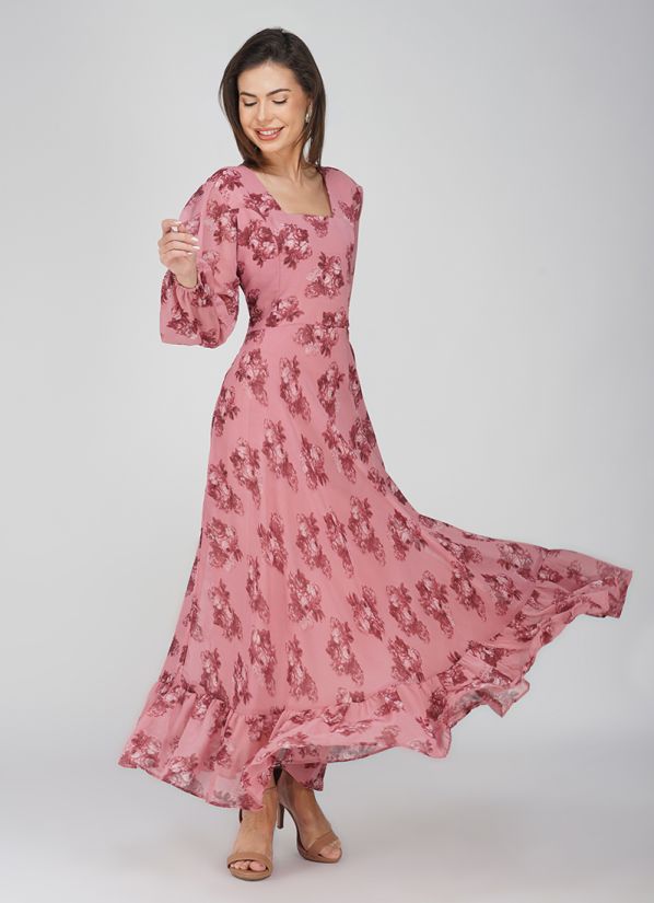 Pink Gerorgette Square Neckline Dress