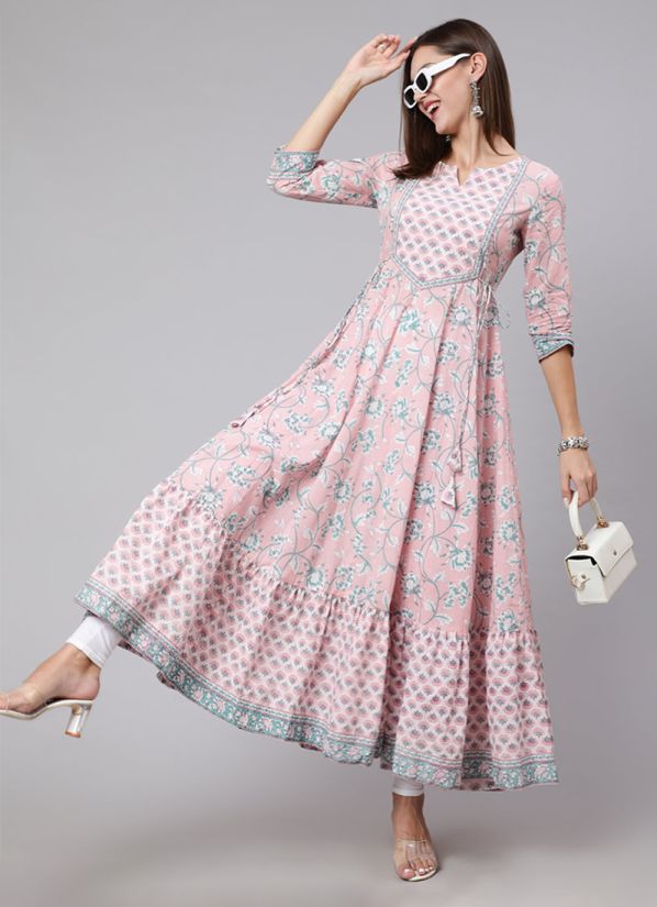 Pink Cotton Printed Dress