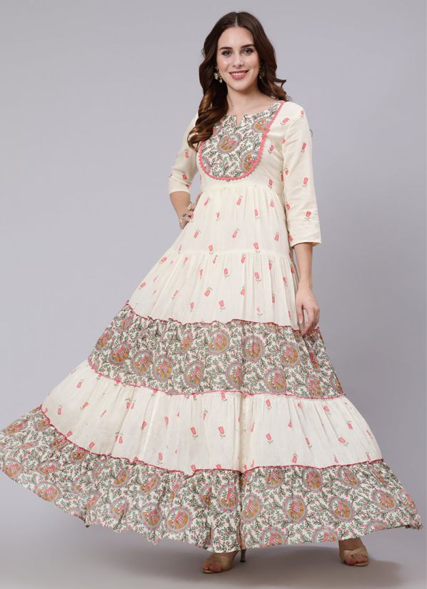 Cream Cotton Printed Dress