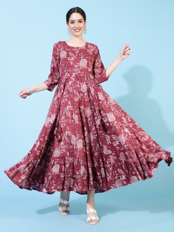 Wine Rayon Bias Cut Tier Dress