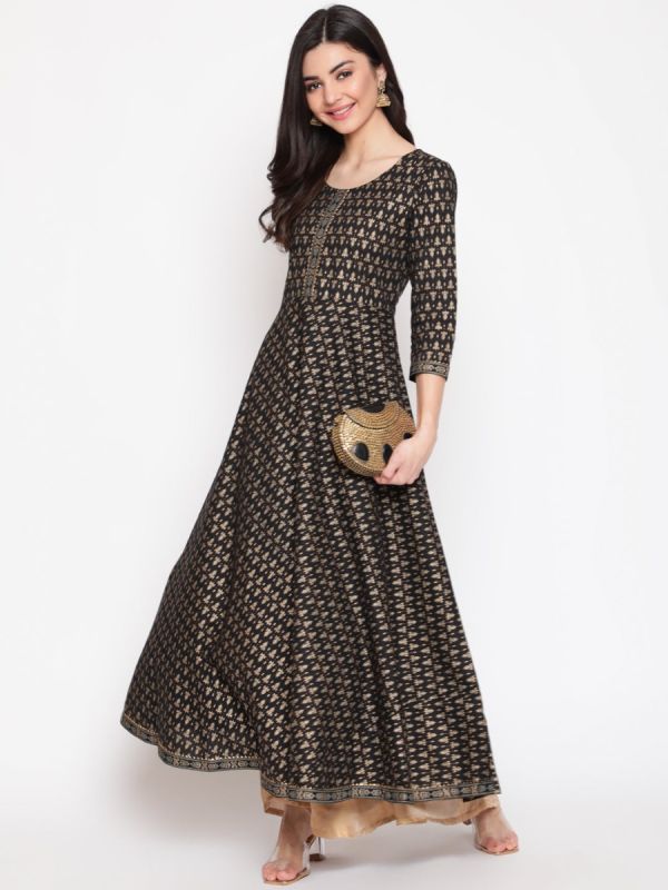 Black Cotton Foil Print Dress