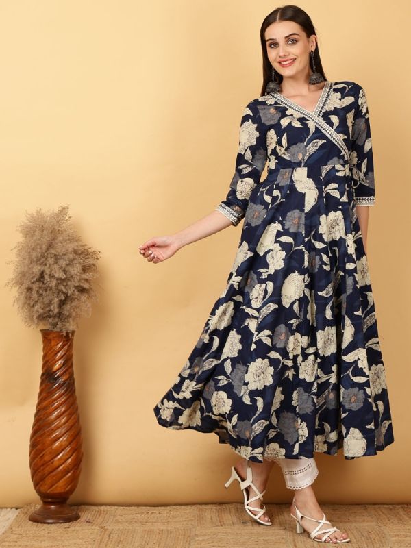 Rayon Navy Blue Printed Dress