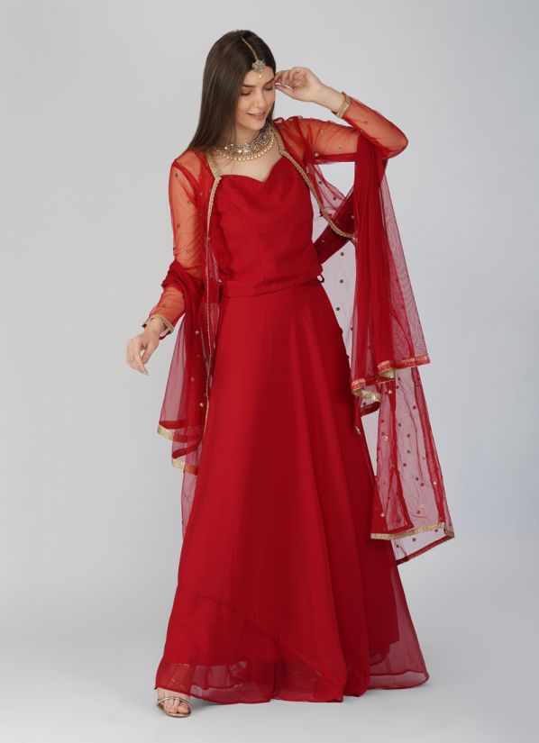 Red Embroidered Jacket Lehenga Set