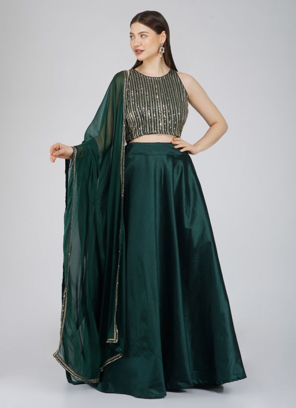 Dark Green Georgette Sequins Embroidered Lehenga Set
