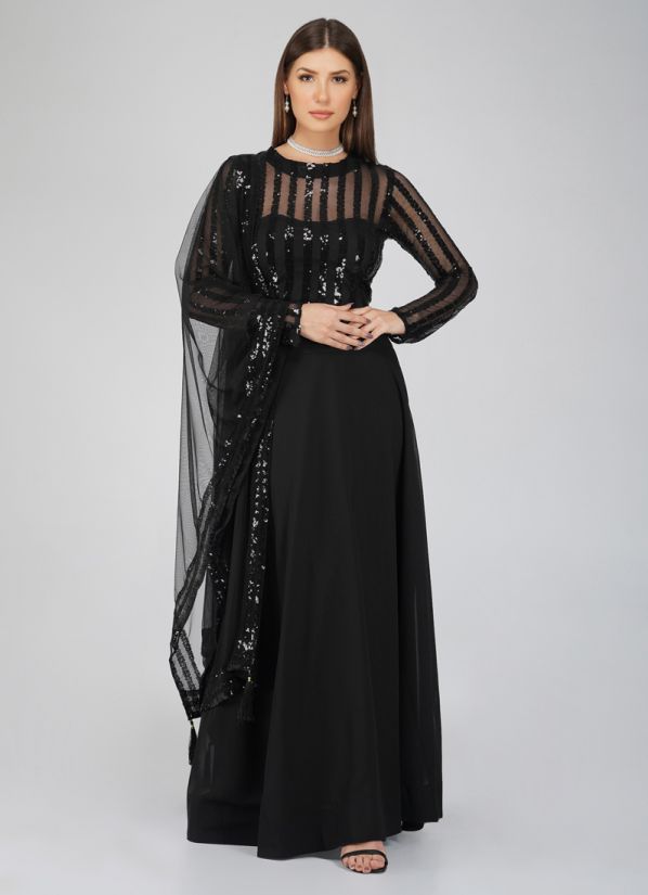 Buy Black Sequins Net Lehenga With Embroidered Dupatta