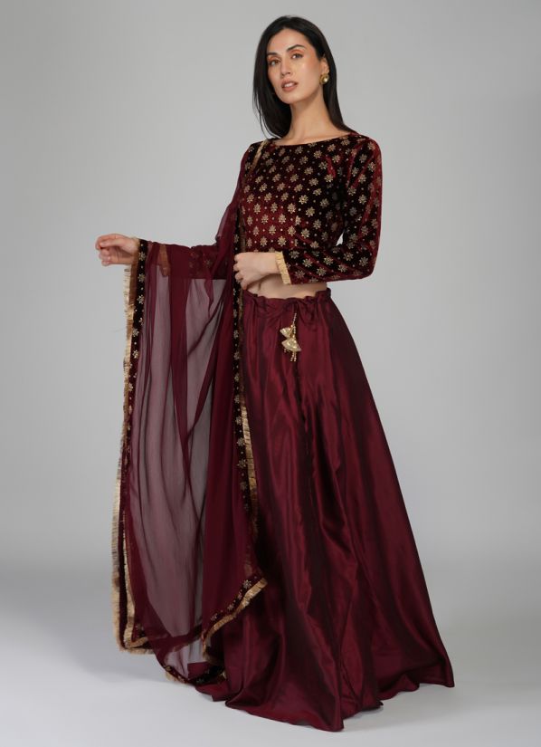 Maroon Velvet Embroidered Lehenga Set