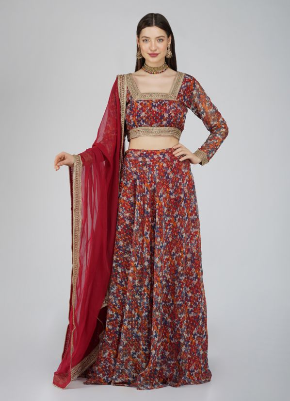 Buy Rust Georgette Dobby Printed And Embroidered Lehenga Set