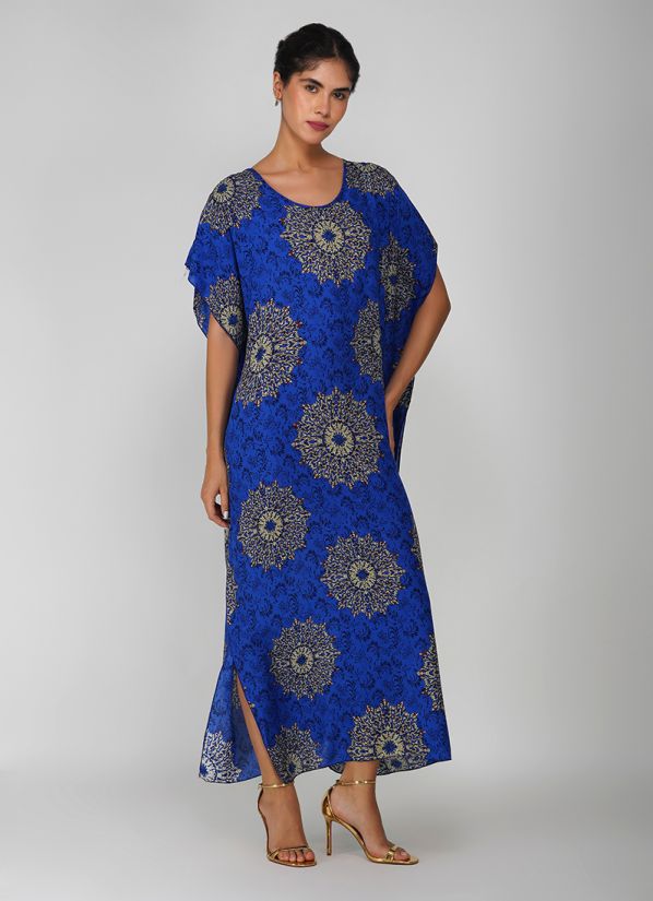 Navy Blue Cotton Printed Kaftan