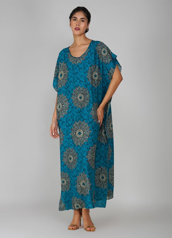 Blue Cotton Printed Kaftan