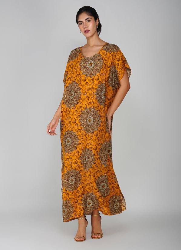 Mustard Cotton Printed Kaftan