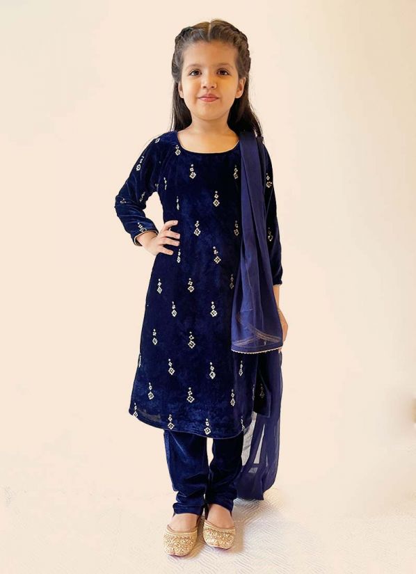 Kids Navy Blue Velvet A-Line Suit Set