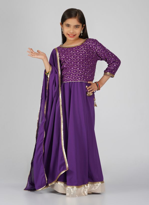 Girls Purple Sequin Embroidered Lehenga Set
