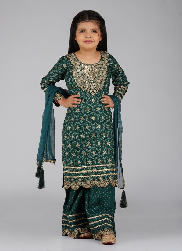 Kids Dark Green Embroidered Sharara Suit Set