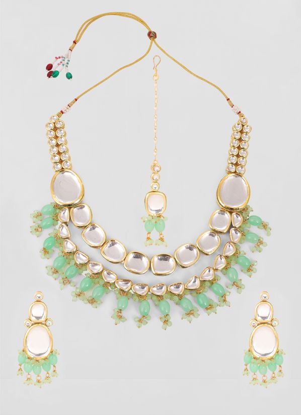 Green Large Mirror Kundan Necklace Set
