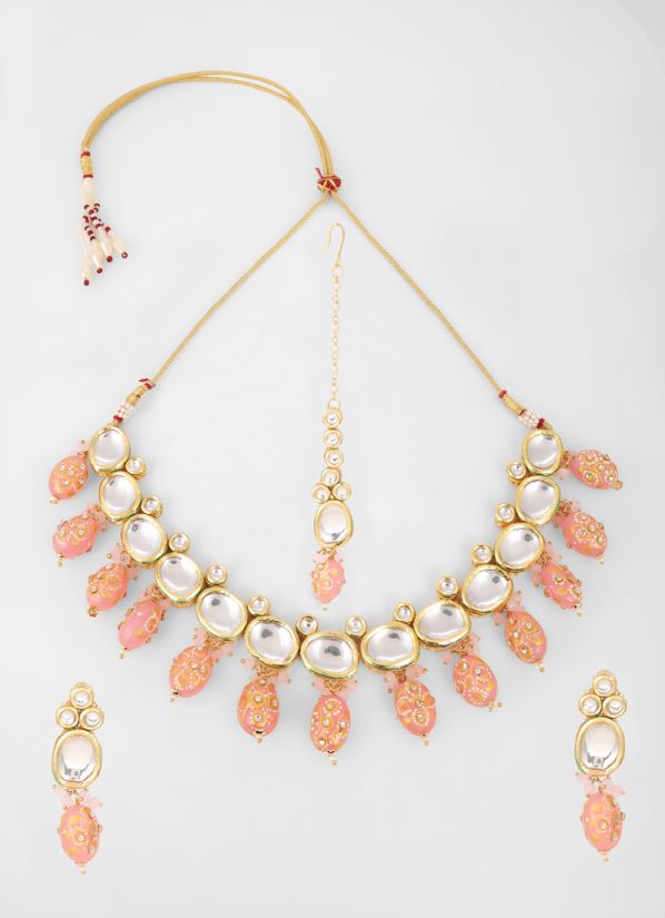 Gold Pink Round Mirror Beads Kundan Necklace Set
