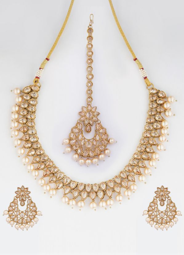 Gold American Diamond Pearl Necklace Set