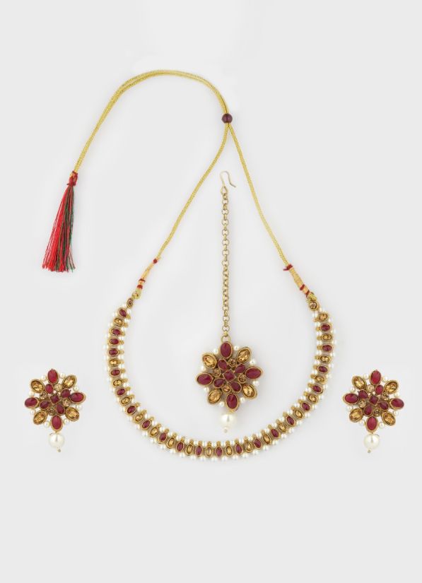 Maroon Small Stone Pearl Necklace Set