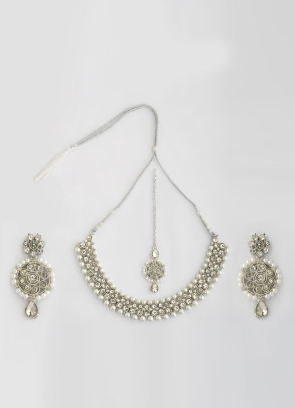 Silver Stone Pearl Necklace Set