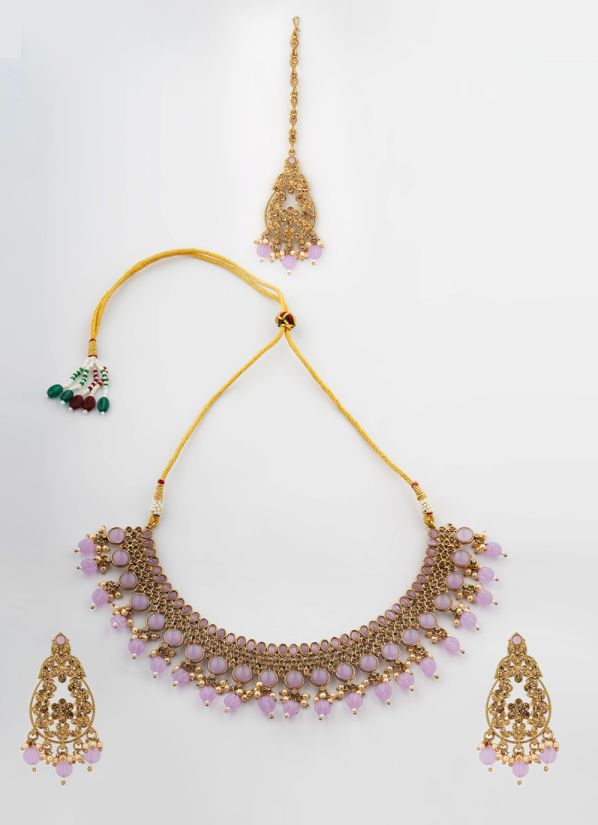 Lilac Stone Crystal Pearl Necklace Tikka Set