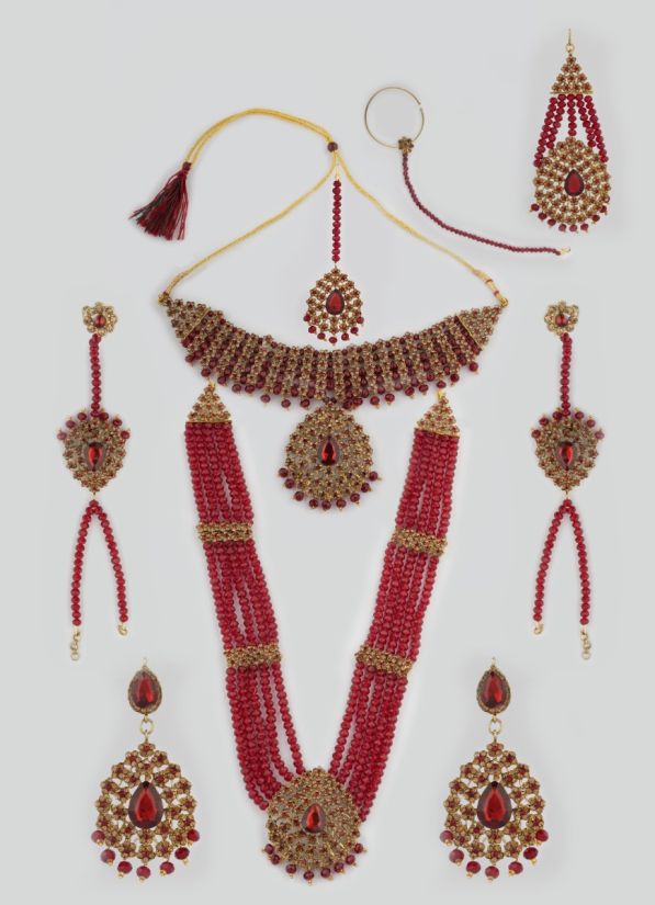 Maroon Crystal Stone Bead Necklace Set