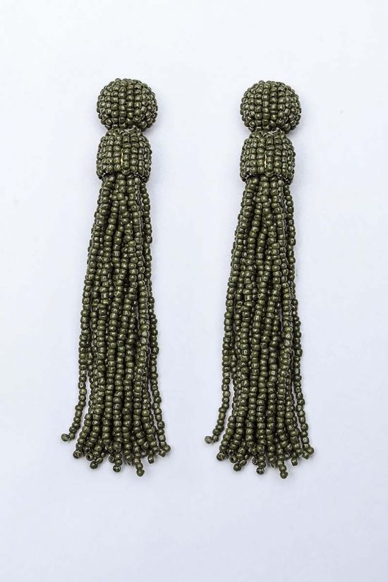 Olive Beaded Tassel Earrings