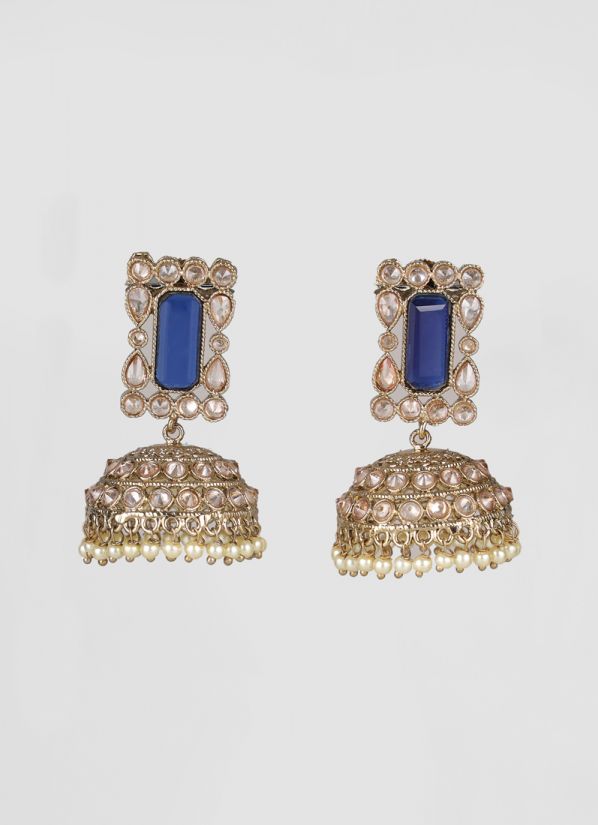 Navy Blue Jhumki Diamond Glass Bead Earrings