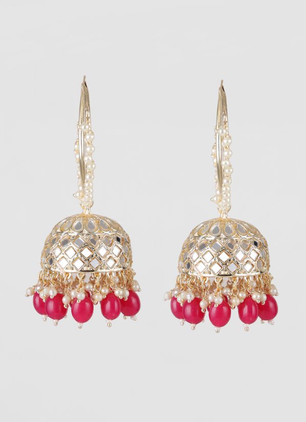 Pink Mirror & Pearl Bali With Jhumki Earrings