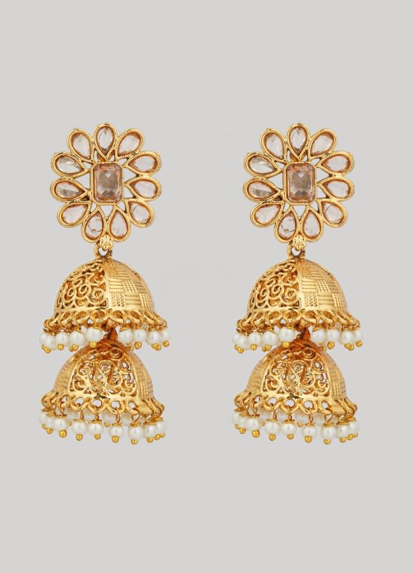Gold Double Layer Intricate Jhumki Earrings