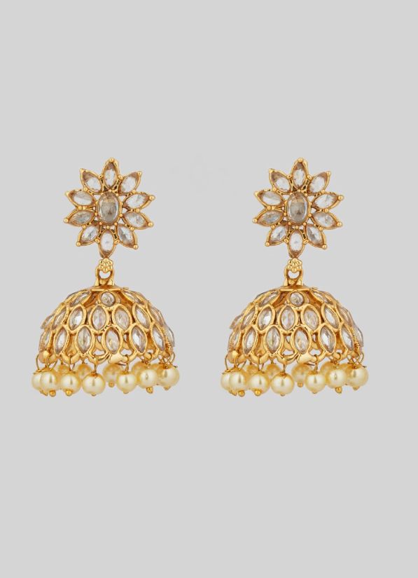 Gold Zircon Pearl Droplets Jhumki Earrings