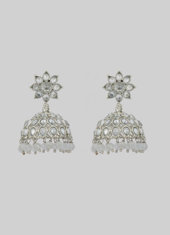 Silver Zircon Crystal Droplets Jhumki Earrings
