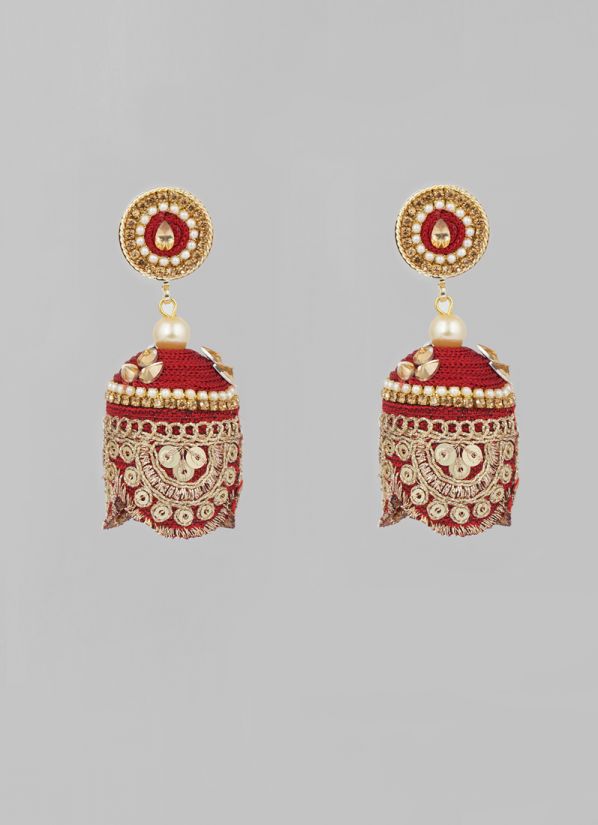 Buy Maroon Threadwork With Scalloped Lace Earrings