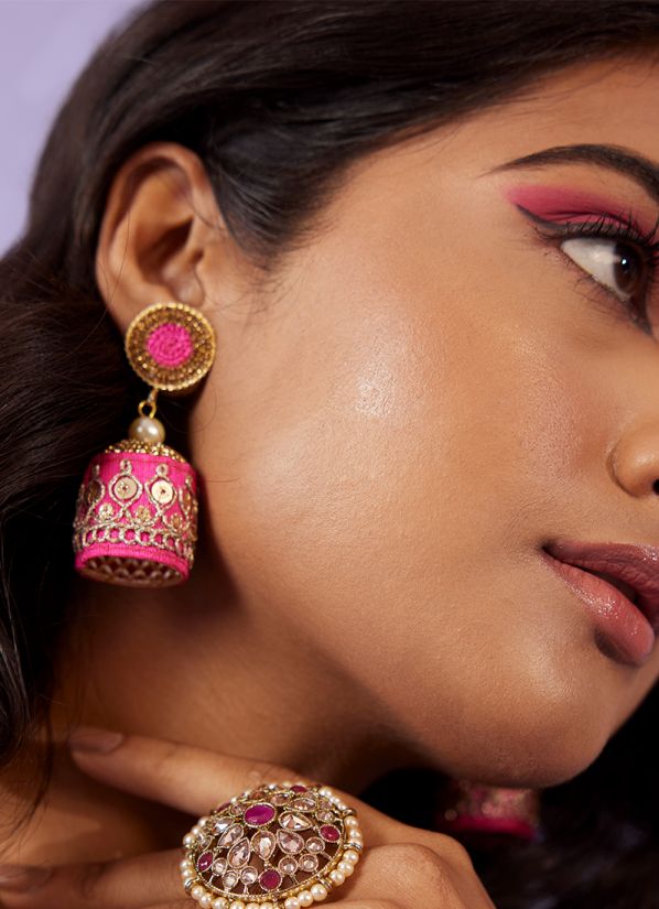Buy Pink Threadwork With Lace Earrings