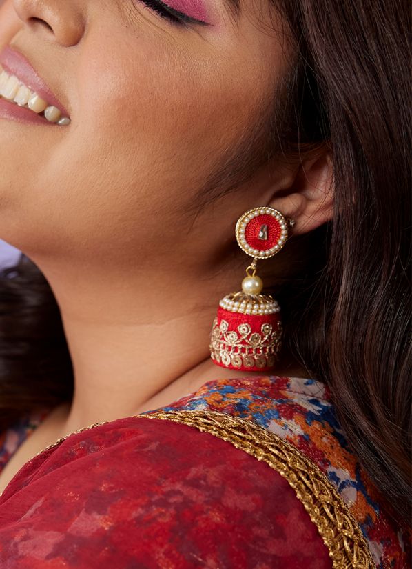 Red Threadwork With Diamonte Earrings