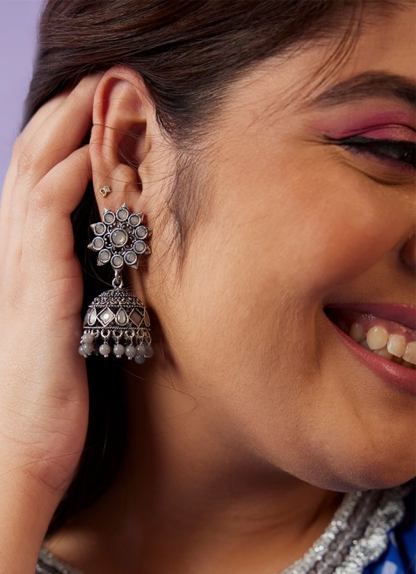 Grey Jumki With Grey Beads Earrings