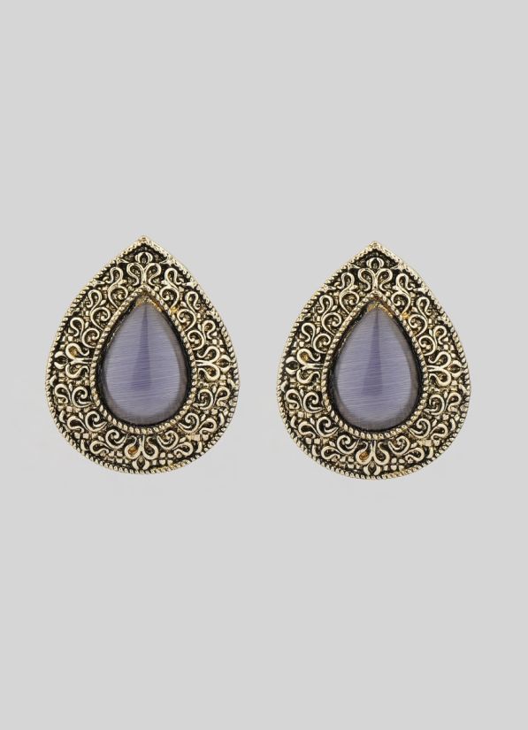 Silver Oxidised Purple Stone Earrings