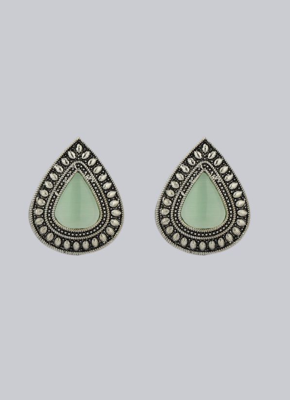 Silver Oxidised Mint Green Stone Earrings