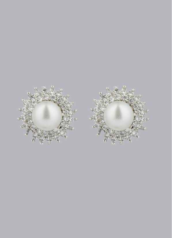 Silver Pearl Diamonte Stud Earrings