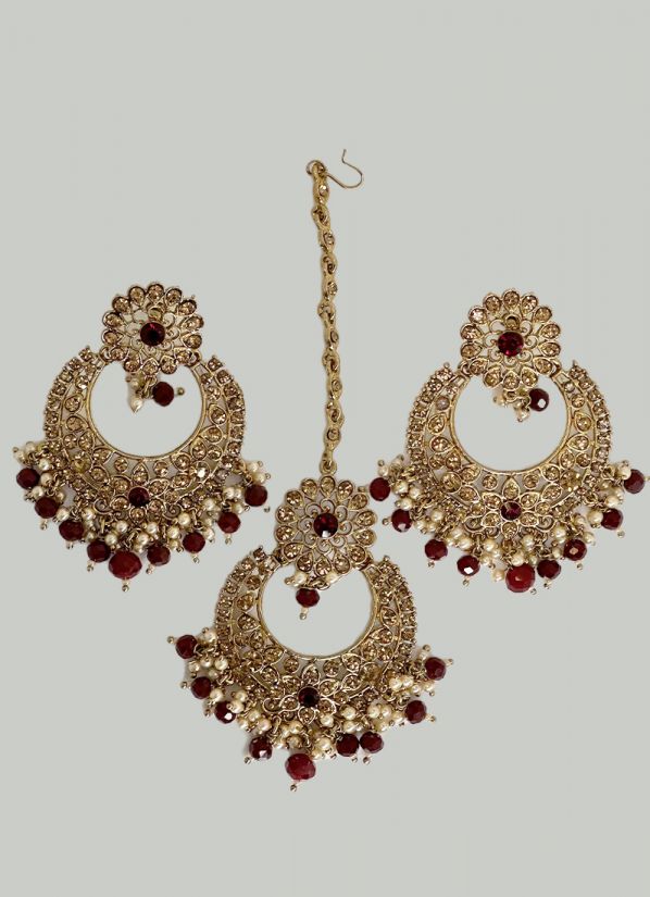 Buy Maroon Earrings & Tikka Set