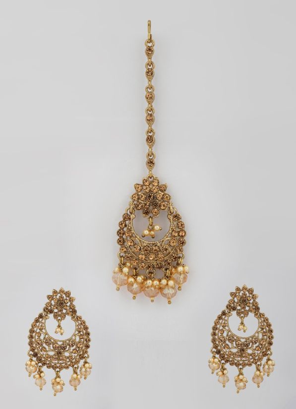 Gold Crystal Pearl Earring and Tikka Set
