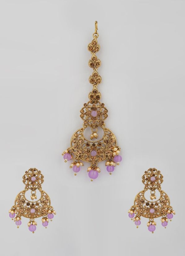 Lilac Crystal Pearl Earring and Tikka Set