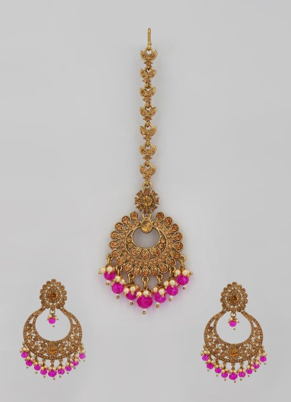 Pink Crystal Pearl Earring and Tikka Set