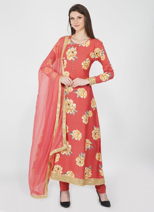 Buy Peach Embroidered-Printed Suit Set in UK - Style ID: LS-5550