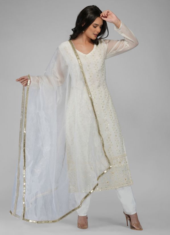 White Georgette Straight Cut Ladies Suit With Trouser & Organza Dupatta
