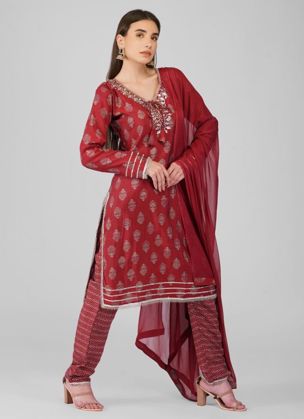 Red Printed Straight Cut Suit Set