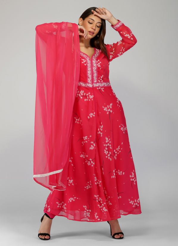 Chiffron Pink Bias Cut Thraed Embroidered Suit Set