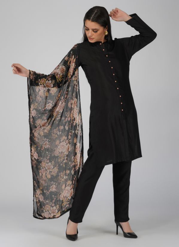 Black Rayon Printed Suit with Trouser & Dupatta